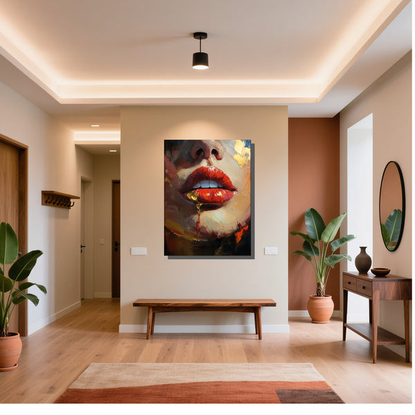 Leinwandbild Verführerische Lippen fuer Flur und Eingang warmeFarben Hochformat