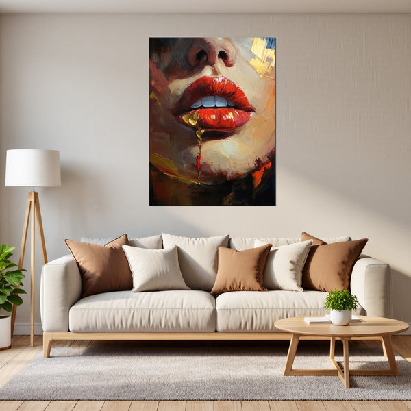 Leinwandbild Verführerische Lippen fuer Wohnzimmer grauoderbeige Hochformat