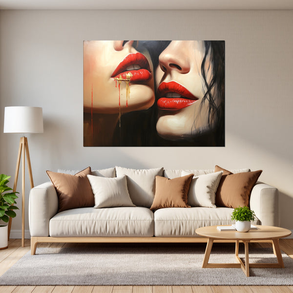 Leinwandbild Verführerische Lippenkunst fuer Wohnzimmer grauoderbeige Querformat