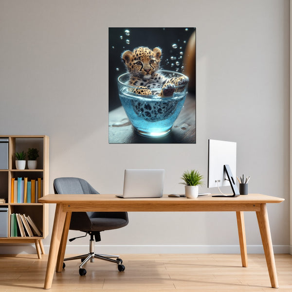 Leinwandbild Verspielt und Niedlich Leopardenjunges im Glas fuer Buero und Arbeitszimmer warmeFarben Hochformat