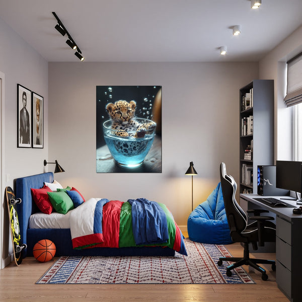 Leinwandbild Verspielt und Niedlich Leopardenjunges im Glas fuer Jugendzimmer warmeFarben Hochformat