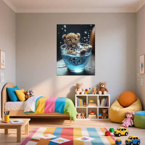 Leinwandbild Verspielt und Niedlich Leopardenjunges im Glas fuer Kinderzimmer Hochformat