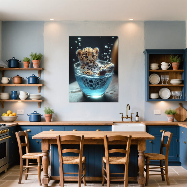 Leinwandbild Verspielt und Niedlich Leopardenjunges im Glas fuer Kueche und Esszimmer blau Hochformat