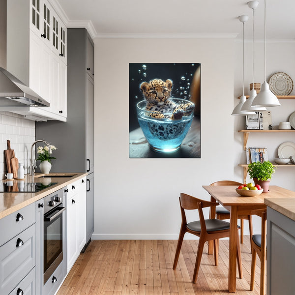 Leinwandbild Verspielt und Niedlich Leopardenjunges im Glas fuer Kueche und Esszimmer grauoderbeige Hochformat