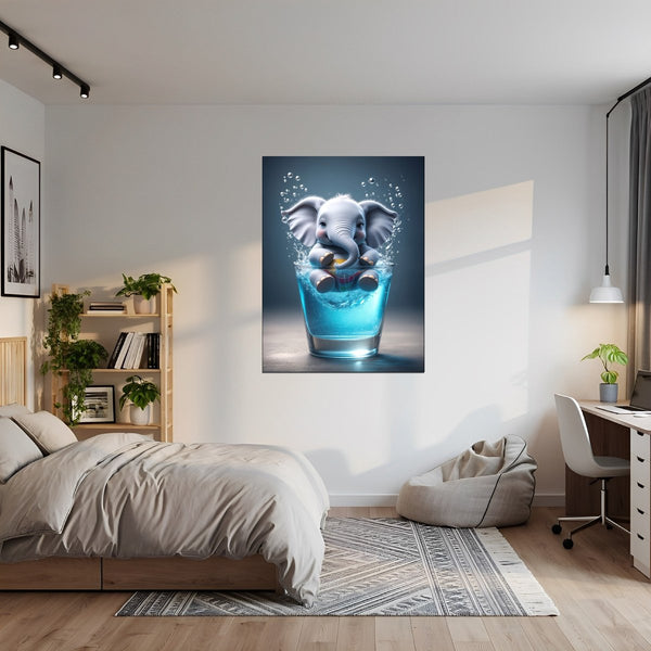 Leinwandbild Verspielter Elefant im Glas fuer Jugendzimmer grauoderbeige Hochformat