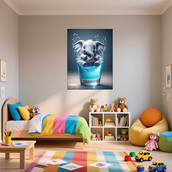 Leinwandbild Verspielter Elefant im Glas fuer Kinderzimmer Hochformat