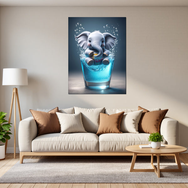 Leinwandbild Verspielter Elefant im Glas fuer Wohnzimmer grauoderbeige Hochformat