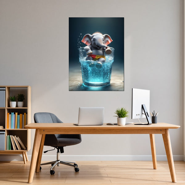 Leinwandbild Verspielter Elefant im Wasser fuer Buero und Arbeitszimmer warmeFarben Hochformat