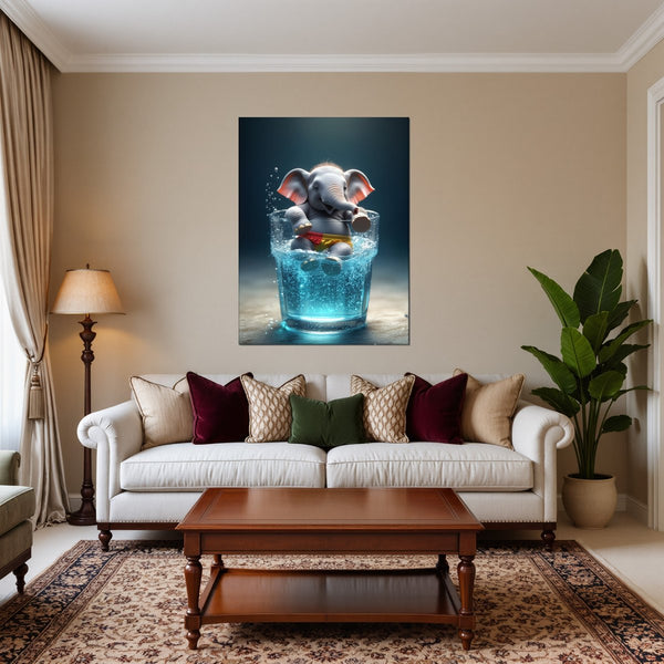 Leinwandbild Verspielter Elefant im Wasser fuer Wohnzimmer warmeFarben Hochformat