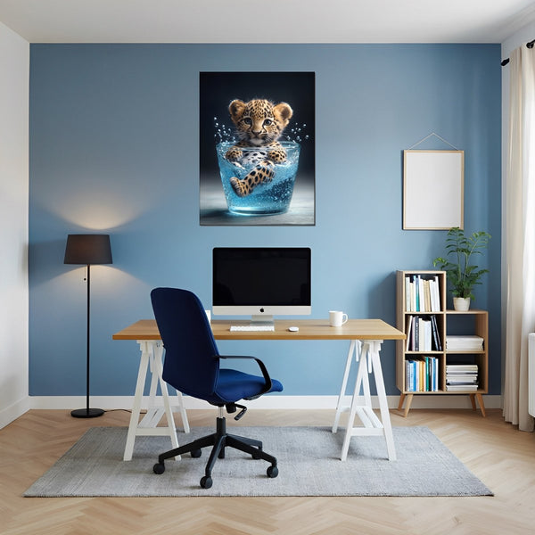 Leinwandbild Verspielter Leopard im Wasser fuer Buero und Arbeitszimmer blau Hochformat