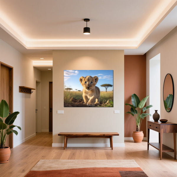 Leinwandbild Verspielter Löwe fuer Flur und Eingang warmeFarben Querformat