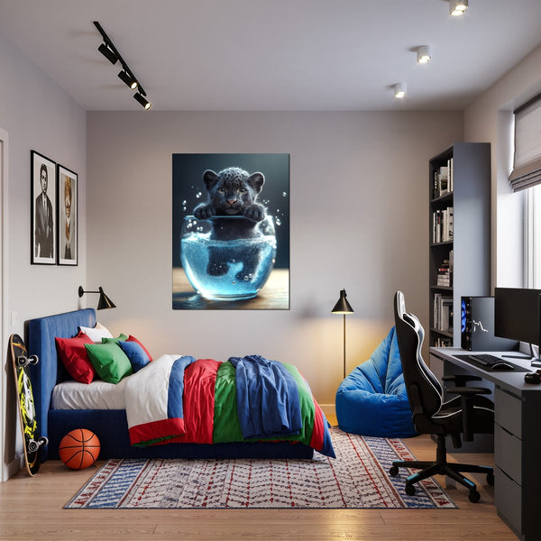 Leinwandbild Verspielter Panther im Wasser fuer Jugendzimmer warmeFarben Hochformat