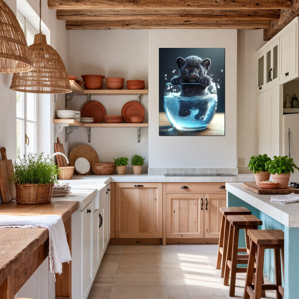 Leinwandbild Verspielter Panther im Wasser fuer Kueche und Esszimmer warmeFarben Hochformat