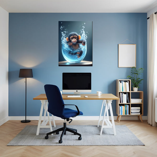 Leinwandbild Verspielter Schimpanse im Wasser fuer Buero und Arbeitszimmer blau Hochformat
