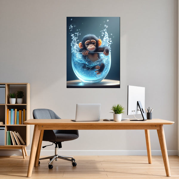 Leinwandbild Verspielter Schimpanse im Wasser fuer Buero und Arbeitszimmer warmeFarben Hochformat