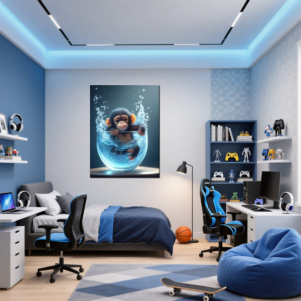 Leinwandbild Verspielter Schimpanse im Wasser fuer Jugendzimmer blau Hochformat