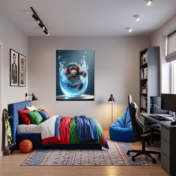 Leinwandbild Verspielter Schimpanse im Wasser fuer Jugendzimmer warmeFarben Hochformat
