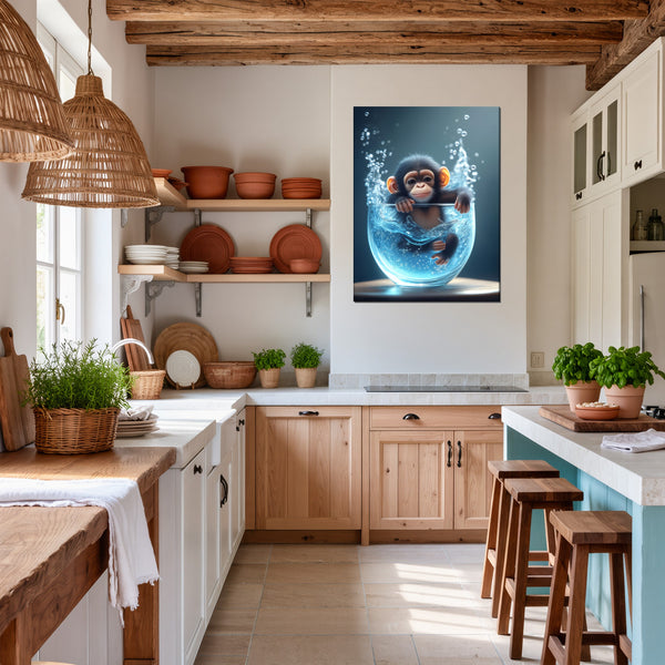 Leinwandbild Verspielter Schimpanse im Wasser fuer Kueche und Esszimmer warmeFarben Hochformat