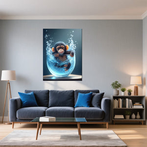 Leinwandbild Verspielter Schimpanse im Wasser fuer Wohnzimmer blau Hochformat