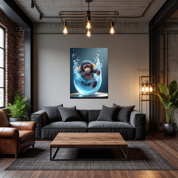 Leinwandbild Verspielter Schimpanse im Wasser fuer Wohnzimmer dunkelanthrazit Hochformat