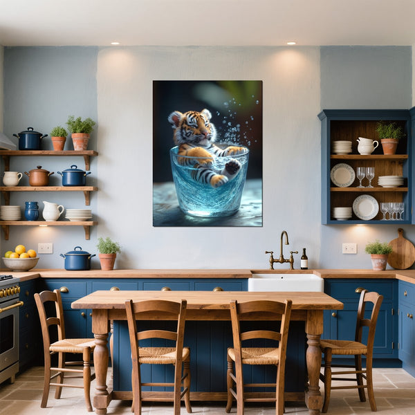 Leinwandbild Verspielter Tiger im Wasser fuer Kueche und Esszimmer blau Hochformat