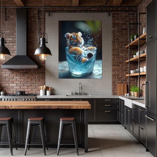 Leinwandbild Verspielter Tiger im Wasser fuer Kueche und Esszimmer dunkelanthrazit Hochformat