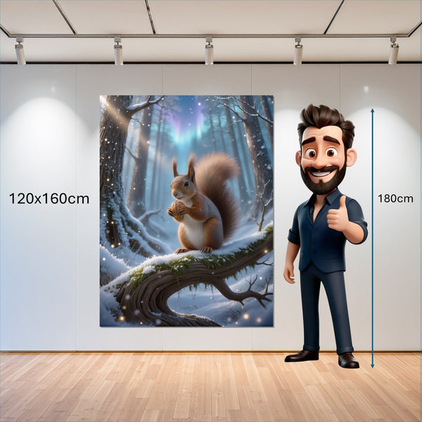 Leinwandbild Verspieltes Eichhörnchen im Winterwald 120x160 cm Hochformat