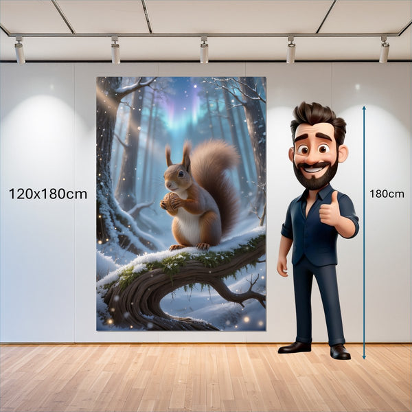 Leinwandbild Verspieltes Eichhörnchen im Winterwald 120x180 cm Hochformat