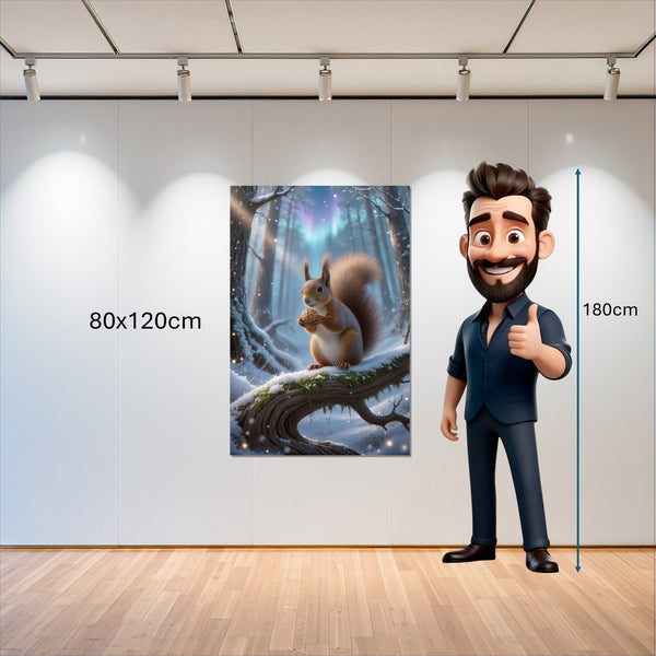 Leinwandbild Verspieltes Eichhörnchen im Winterwald 80x120 cm Hochformat