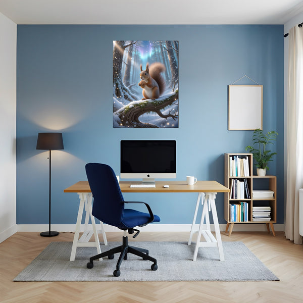 Leinwandbild Verspieltes Eichhörnchen im Winterwald fuer Buero und Arbeitszimmer blau Hochformat