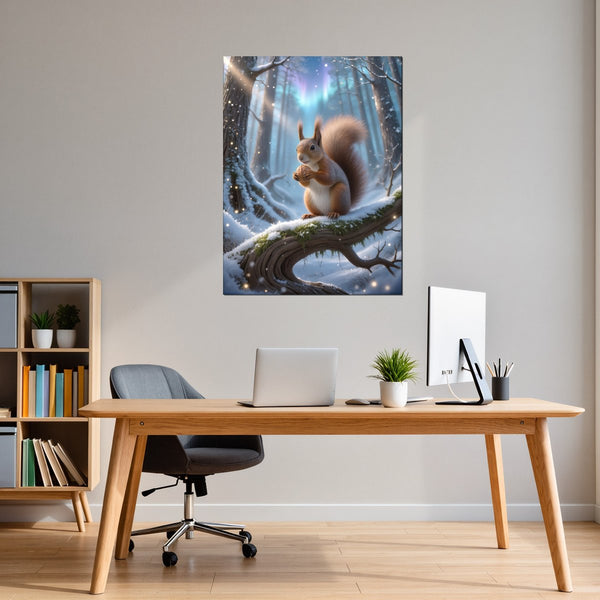 Leinwandbild Verspieltes Eichhörnchen im Winterwald fuer Buero und Arbeitszimmer warmeFarben Hochformat