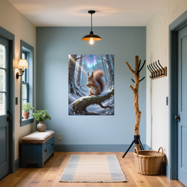 Leinwandbild Verspieltes Eichhörnchen im Winterwald fuer Flur und Eingang blau Hochformat