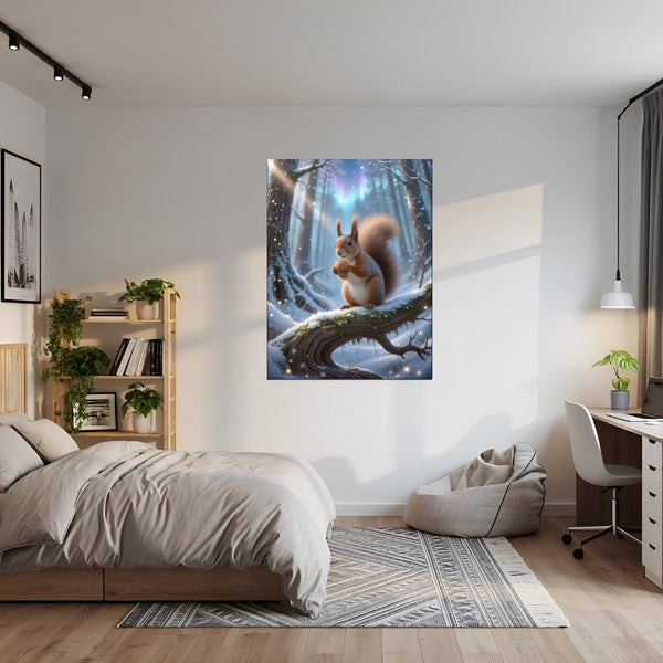Leinwandbild Verspieltes Eichhörnchen im Winterwald fuer Jugendzimmer gruen Hochformat