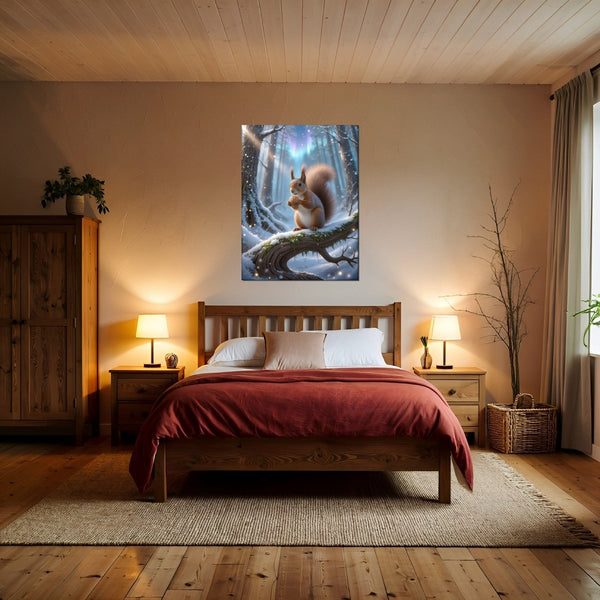 Leinwandbild Verspieltes Eichhörnchen im Winterwald fuer Schlafzimmer warmeFarben Hochformat