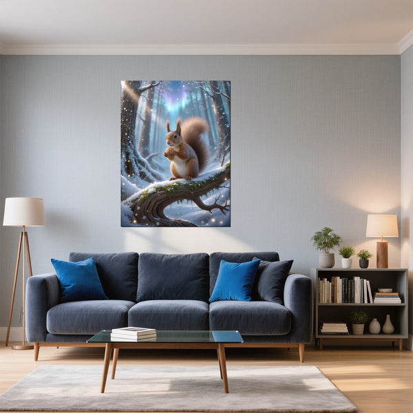 Leinwandbild Verspieltes Eichhörnchen im Winterwald fuer Wohnzimmer blau Hochformat