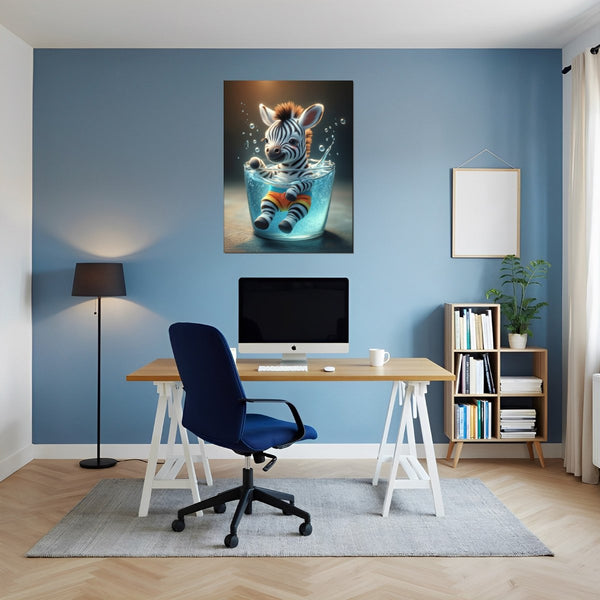 Leinwandbild Verspieltes Zebra im Wasser fuer Buero und Arbeitszimmer blau Hochformat