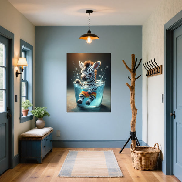 Leinwandbild Verspieltes Zebra im Wasser fuer Flur und Eingang blau Hochformat