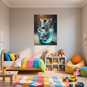 Leinwandbild Verspieltes Zebra im Wasser fuer Kinderzimmer Hochformat