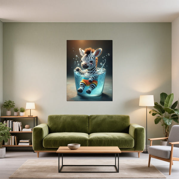 Leinwandbild Verspieltes Zebra im Wasser fuer Wohnzimmer gruen Hochformat