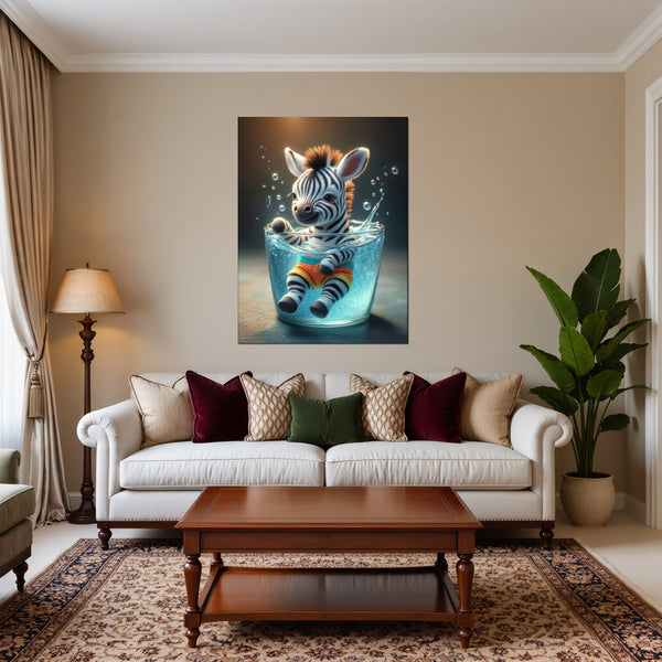 Leinwandbild Verspieltes Zebra im Wasser fuer Wohnzimmer warmeFarben Hochformat