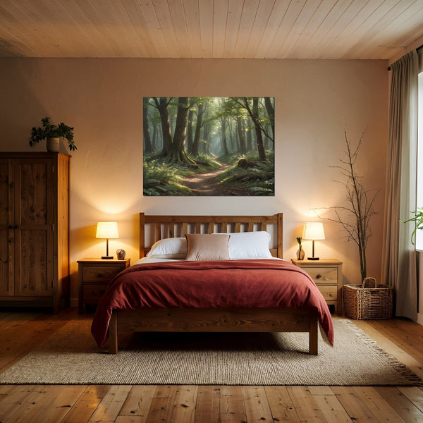 Leinwandbild Verzauberter Waldweg B-00010 fuer Schlafzimmer warmeFarben Querformat