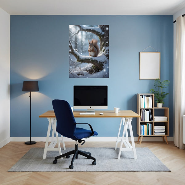 Leinwandbild Winterliche Eichhörnchenfreude fuer Buero und Arbeitszimmer blau Hochformat