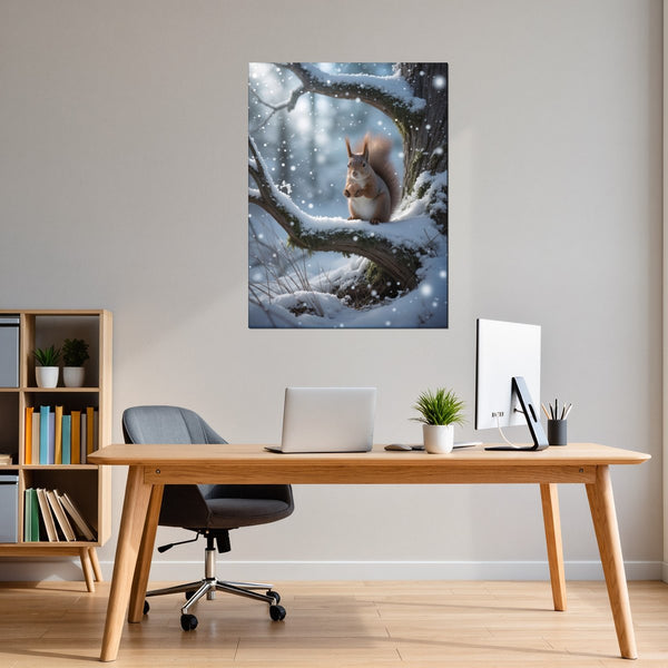 Leinwandbild Winterliche Eichhörnchenfreude fuer Buero und Arbeitszimmer warmeFarben Hochformat