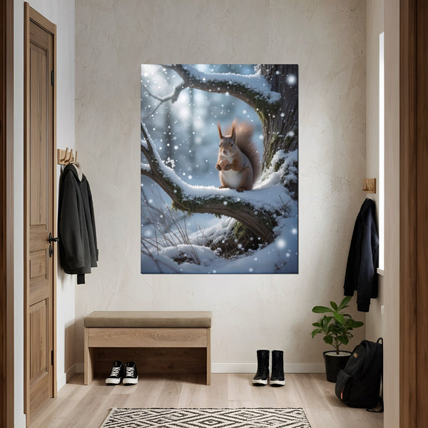 Leinwandbild Winterliche Eichhörnchenfreude fuer Flur und Eingang grauoderbeige Hochformat