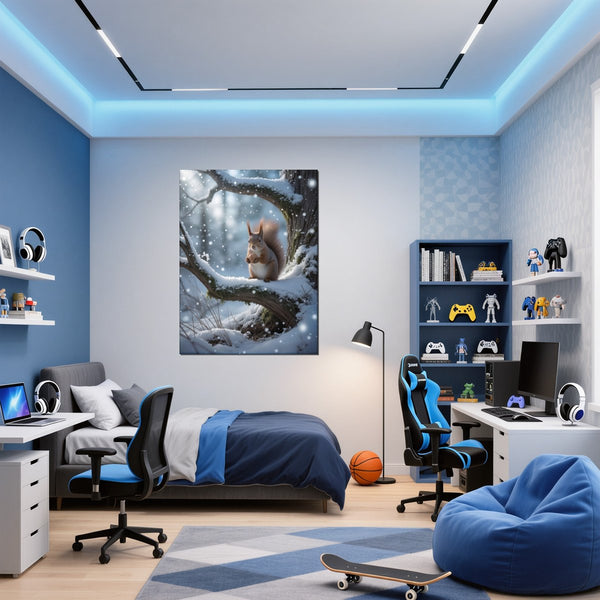 Leinwandbild Winterliche Eichhörnchenfreude fuer Jugendzimmer blau Hochformat