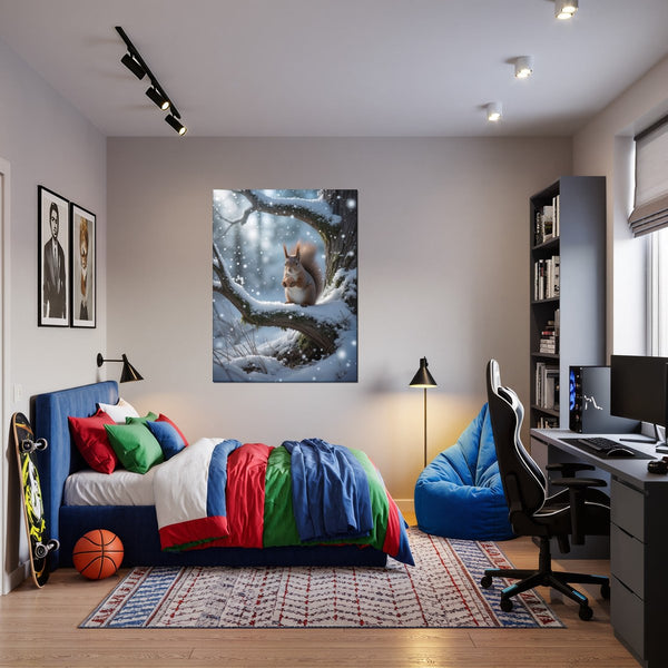 Leinwandbild Winterliche Eichhörnchenfreude fuer Jugendzimmer warmeFarben Hochformat