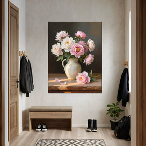 Leinwandbild Zarte Pfingstrosenpracht fuer Flur und Eingang grauoderbeige Hochformat