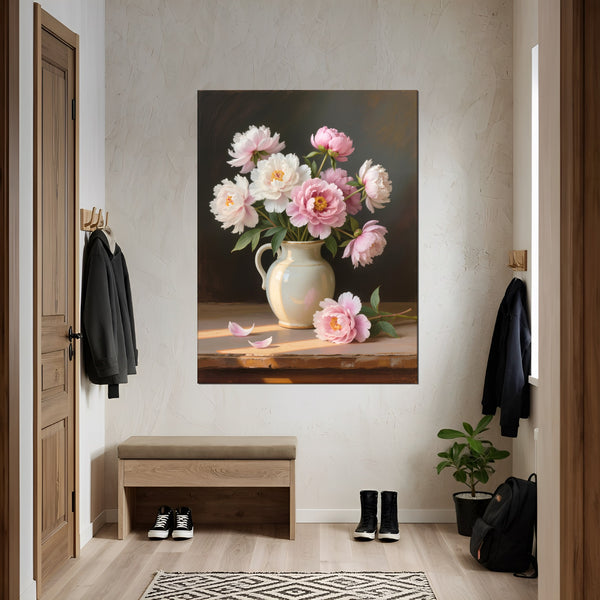 Leinwandbild Zarte Pfingstrosenpracht fuer Flur und Eingang grauoderbeige Hochformat