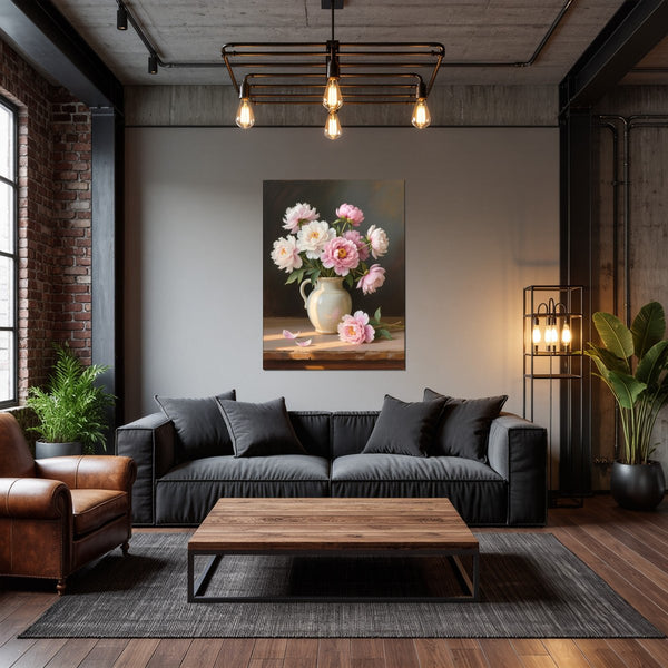 Leinwandbild Zarte Pfingstrosenpracht fuer Wohnzimmer dunkelanthrazit Hochformat