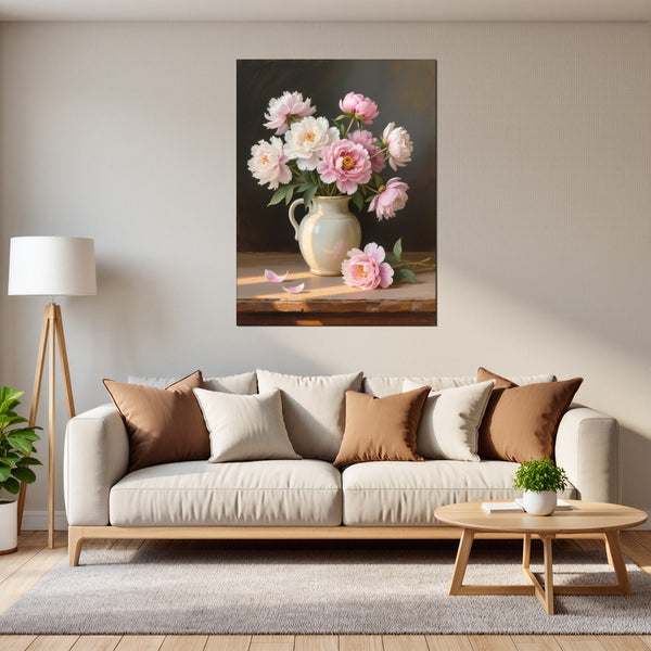 Leinwandbild Zarte Pfingstrosenpracht fuer Wohnzimmer grauoderbeige Hochformat